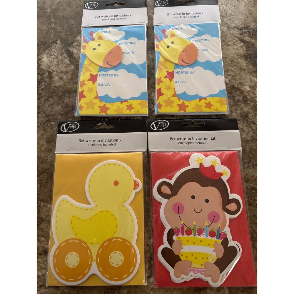 Voila 32ct Kids Birthday Party Invitation Kits Giraffe Duck Monkey Envelopes NEW